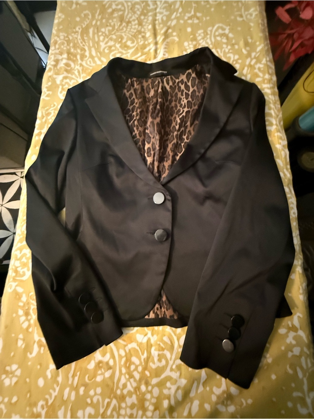 Express Black Satin Blazer with Leopard-Print Lining
